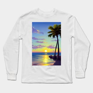 Summer Sunset Palm Tree Beach Ocean Artistic Paradise Landscape Long Sleeve T-Shirt